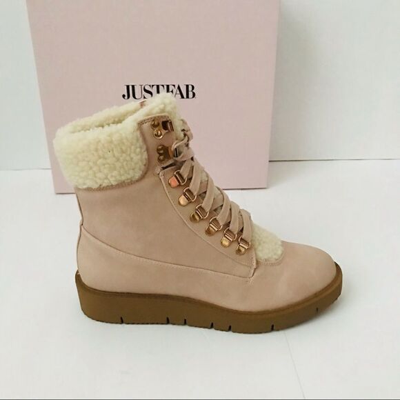 New! JustFab Faux Suede Sherpa Cuff Hiker Lace Up Wedge Winter Boots Booties - Picture 7 of 16